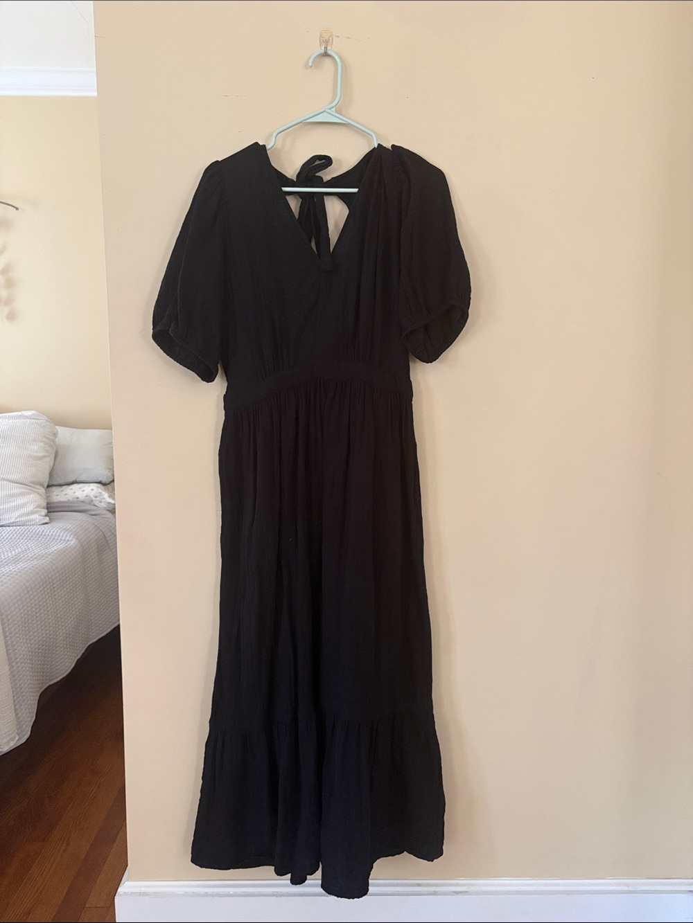 GAP Black Maxi Dress with Puff Sleeves and Back Tie